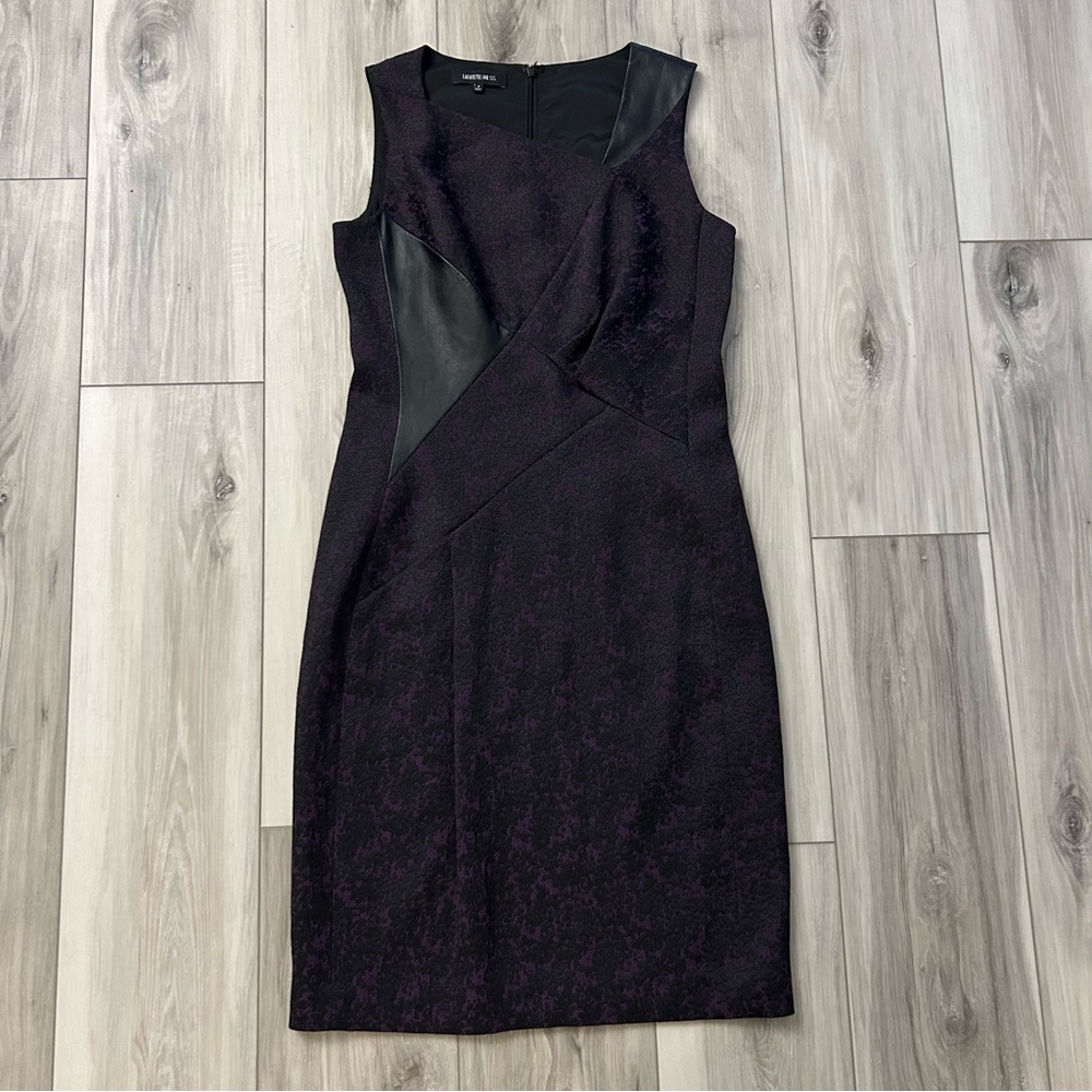 Lafayette 148 New York Sheath Dress Faux Leather Combo Purple Black Size 2 EUC